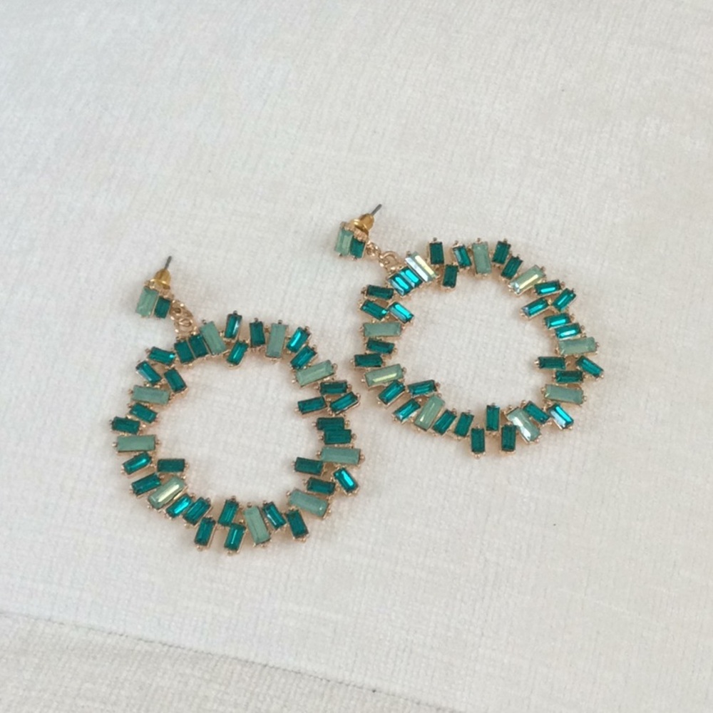 Rhinestone Green Hoop Earrings on post.